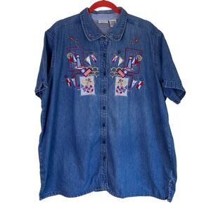 Bobbie Brooks Plus Size Vtg 90s Denim Button Shirt Embroidered Nautical Beachy